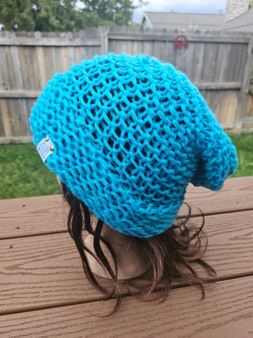 Handmade Bright Blue Slouchy Beanie Knit Winter Hat